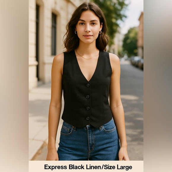 Express Black Linen Blend Button Front Vest Women’s Size Large - Picture 1 of 10